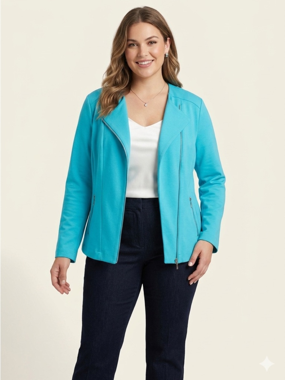 Kate & Mallory Knit Turquoise Asymmetric Zip Ponte Moto Career Blazer SZ 1X